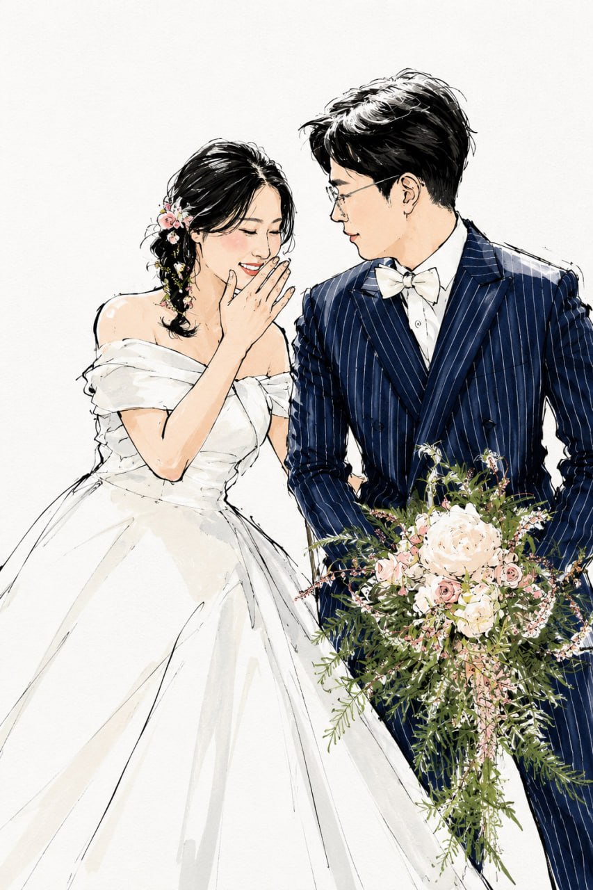 웨딩드레스와 예복을 입은 손진수와 남진영의 일러스트